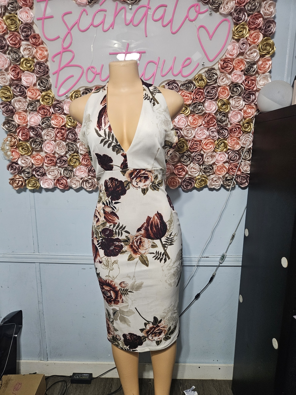Ivory Floral Halter Midi Dress with Burgundy Blooms